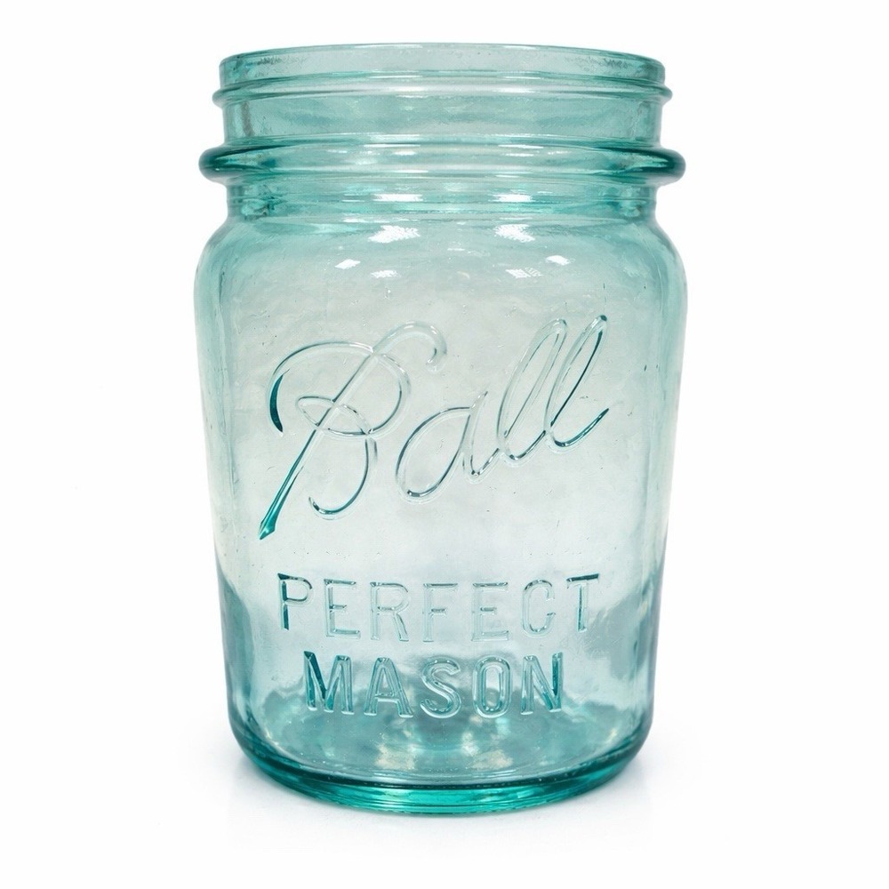 VTG Ball Perfect Mason Aqua Blue‎ Glass Jar #5 Embossed Canning Jar Bubbles 5"